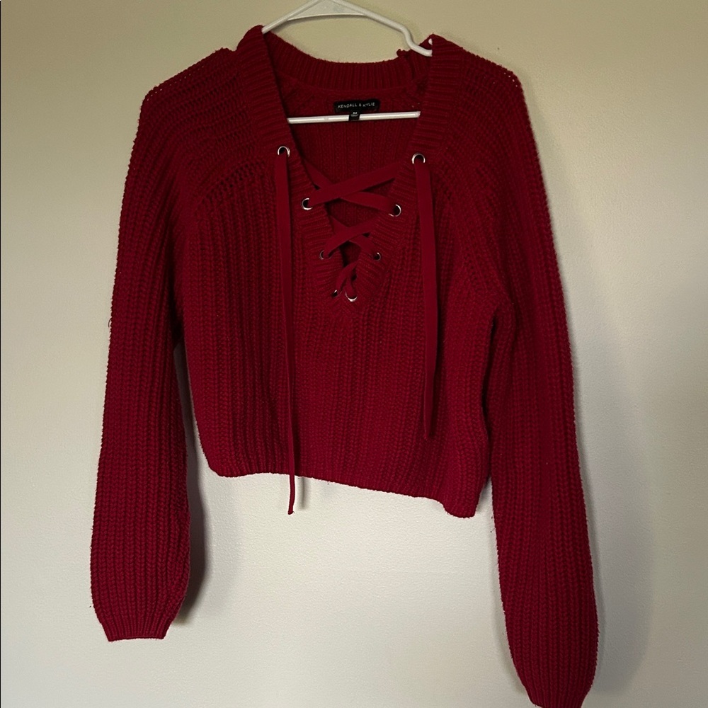 Kendall & Kylie Crimson Lace-Up Knit Sweater
